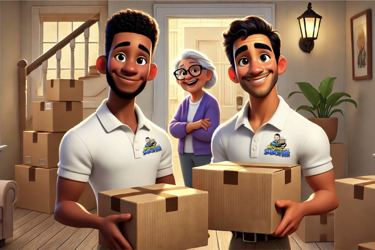 Animation of two movers from Moving With Sebastian in Boca Raton helping a senior with moving