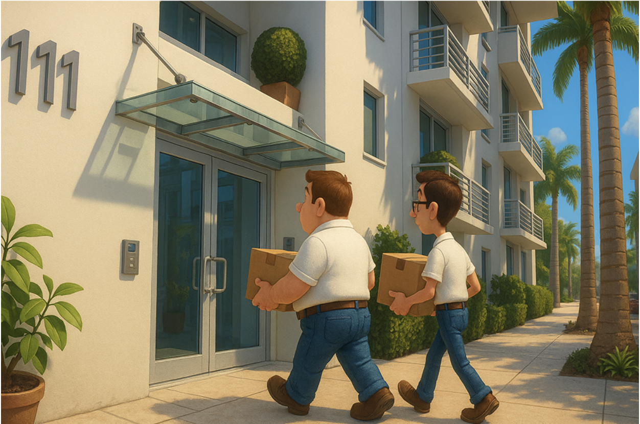 Two movers from Moving With Sebastian carrying cardboard boxes into a Delray Beach condo