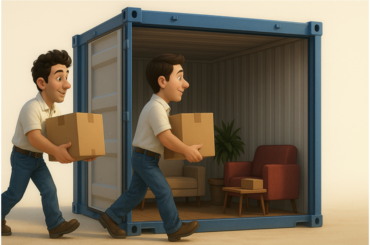 Animation of two movers from Moving With Sebastian in Boca Raton carrying cardboard boxes into a moving container