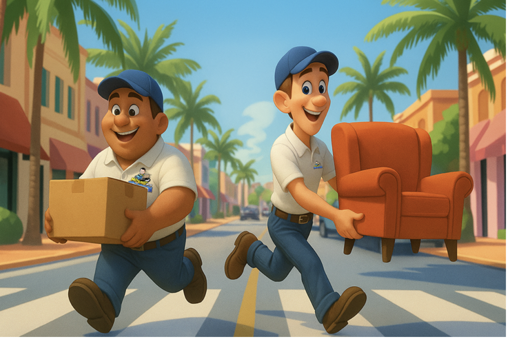 Two movers from Moving With Sebastian running down the street in Boca Raton with boxes and furniture