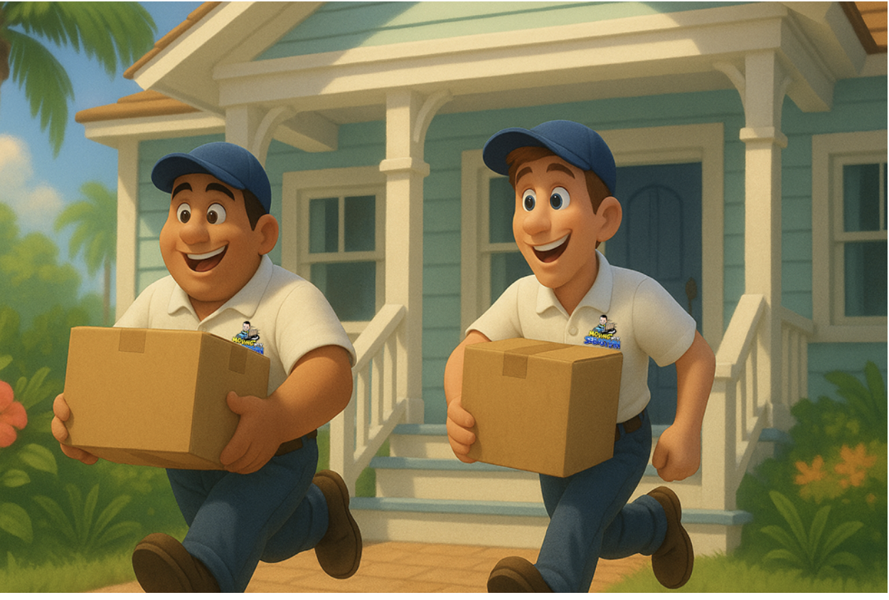 Two movers from Moving With Sebastian running down the steps of a Boca Raton home with boxes for a last-minute move