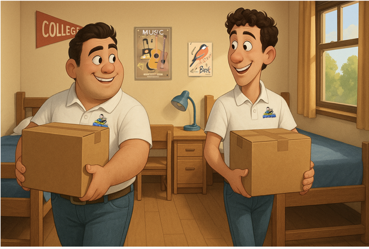 Two movers from Moving with Sebstian in Boca Raton moving boxes into a college dorm room at FAU